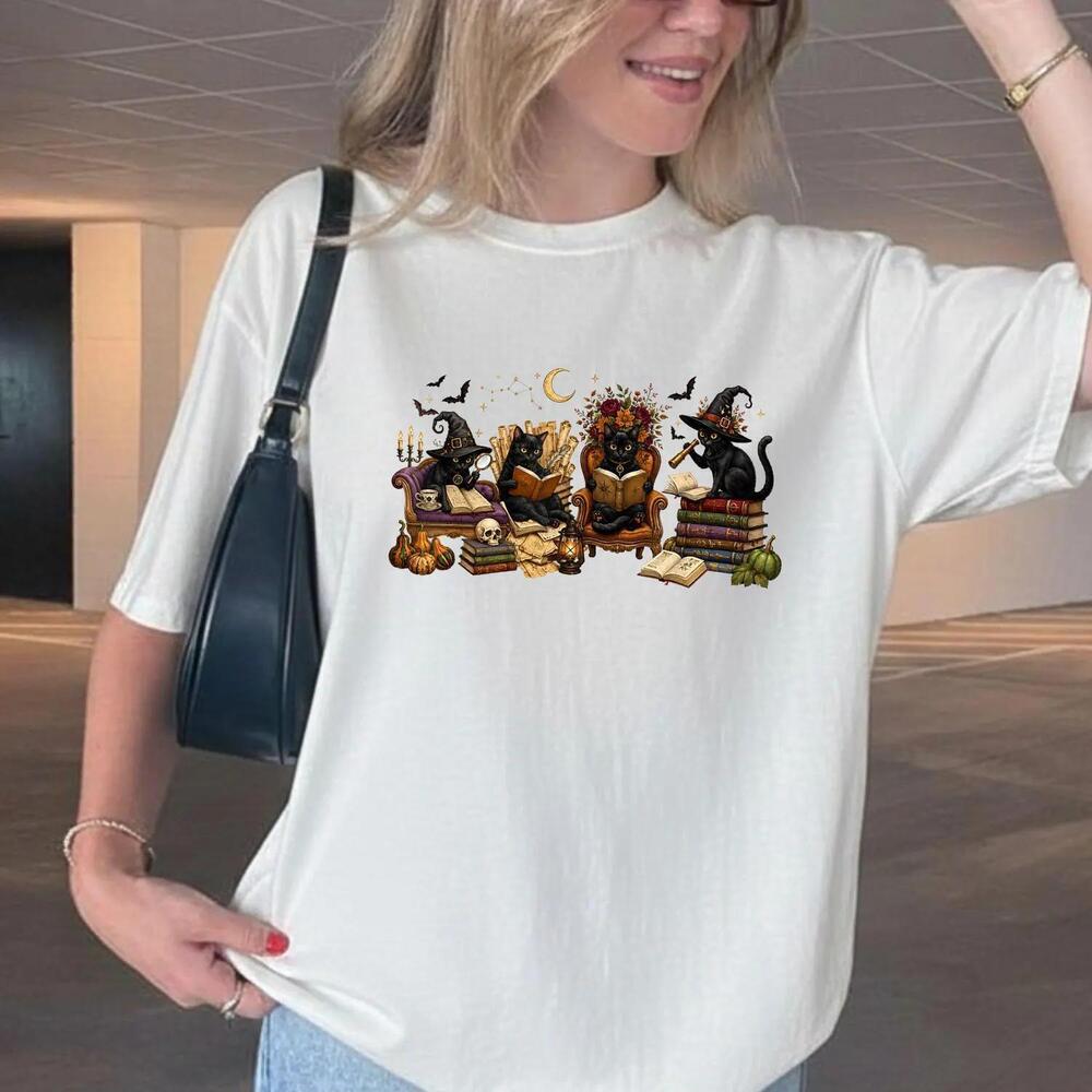 Black Cat Halloween Read Tshirt And Baby Tee, Autumn Cat Tee, Pumpkin